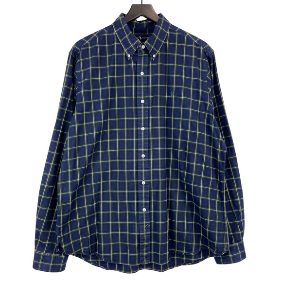 Ralph Lauren (XL) Mens Cotton Button Down Shirt Navy Blue Yellow Checks - Picture 1 of 11